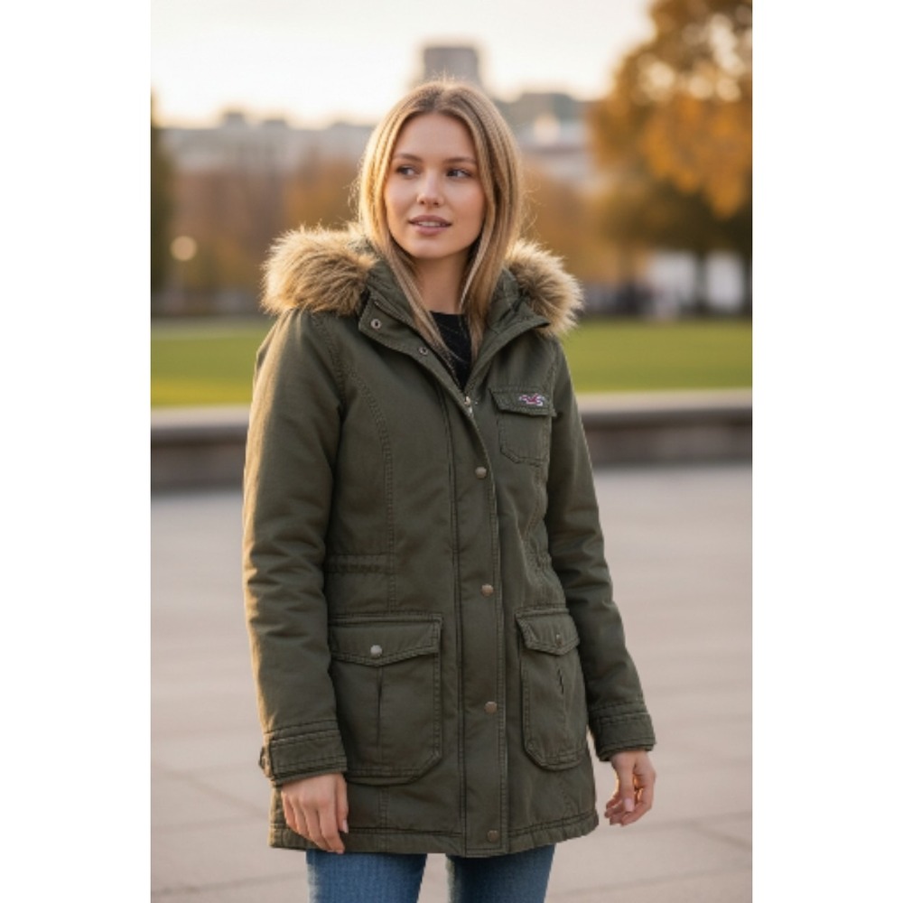 Hollister Olive Green Parka Jacket with Faux Fur Hood